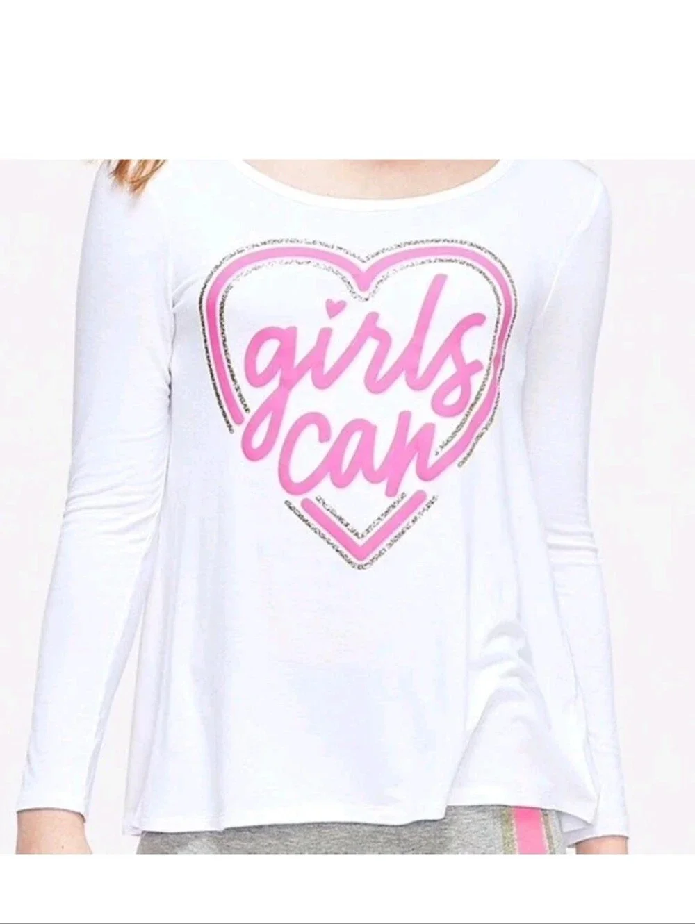 Justice Girls Can White Long Sleeve Tee with Pink Heart Graphic 14-16 Nwt